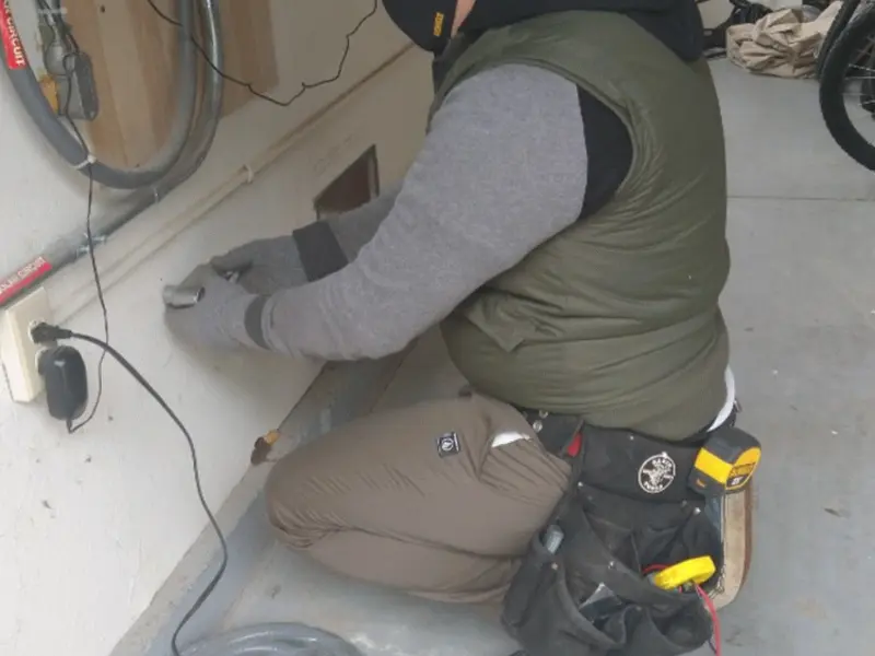 Electrician performing outlet wiring in a Davis garage